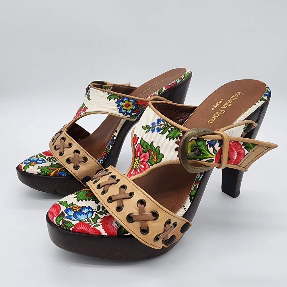 Isabella Fiore Italy Floral Wooden Platform Heel Clogs Sandals Size 5.5 - Picture 14 of 14